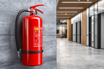 Obraz premium Red fire extinguisher providing emergency safety in modern office hallway