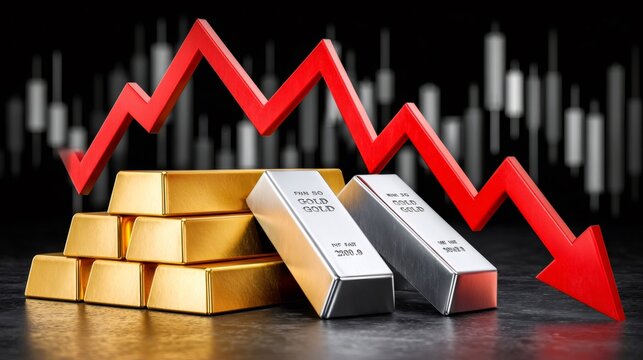 Gold and silver bars with falling market arrow