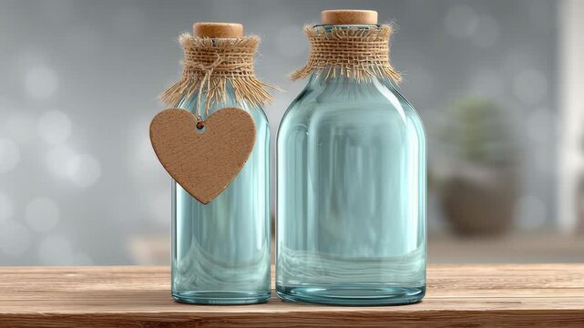 Valentine day in eco friendly concept. eco friendly valentine glass bottle with cork heart tag rustic decor on wooden table warm romantic mood zero waste gift idea natural sustainable home style