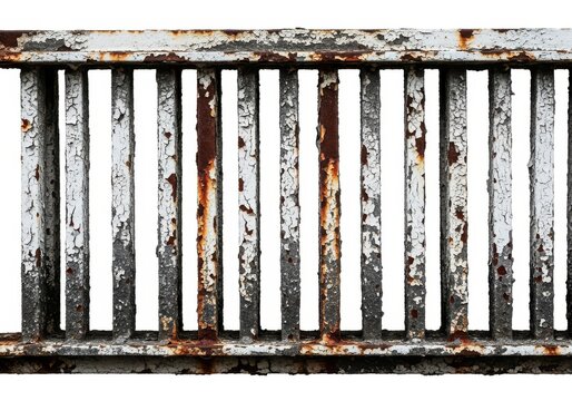 Weathered metal bars display extensive peeling white paint and heavy orange oxidation