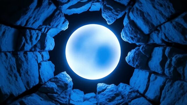 A mesmerizing blue light pulsates at the end of a dark, rugged stone tunnel. The mysterious glowing orb emanates an ethereal energy, casting an otherworldly azure glow on the surrounding rough-hewn ro