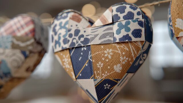 Valentine day in eco friendly concept. woven heart paper craft eco friendly valentine decoration garland handmade patchwork love heart hanging in cozy home interior for warm romance and intimacy