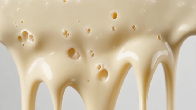 Close-up of a rich, creamy, and smooth liquid dripping slowly, creating beautiful textured patterns. This sweet and decadent flow evokes a sense of indulgence and deliciousness