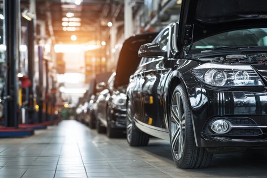 High-end vehicle with hood open inside a automotive service center, maintenance, and premium car care.