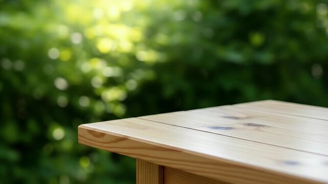 A serene and inviting shot featuring the corner of a light, natural wooden table, providing an ideal rustic surface. The background is beautifully blurred, showcasing vibrant green foliage with shimme