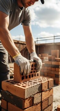 Close-up of a construction worker laying bricks at a building site.