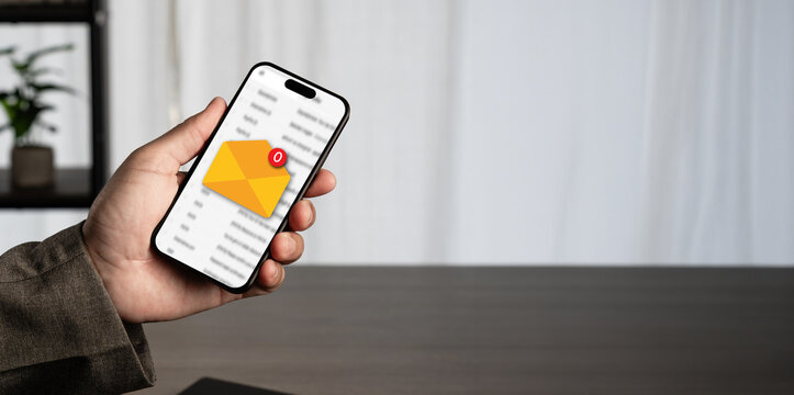 inbox zero Hand holds a smartphone showing No messages email icon with zero notifications, inbox zero productivity, no message management for efficient digital email cleanup