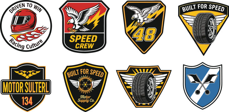 Vintage racing motorcycle patch set with eagle emblems helmet tires checkered flags and speed culture badge vectors