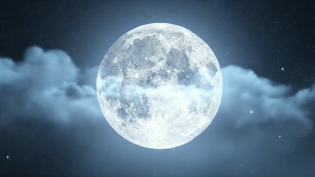 A stunning full moon shines brightly in a deep, starry night sky, its cratered surface softly illuminated. Ethereal, wispy clouds gracefully drift past the glowing lunar disc, creating a sense of dyna