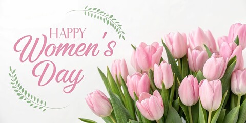 Fototapeta premium Pink tulips bouquet with Womens Day greeting on white background spring holiday card.