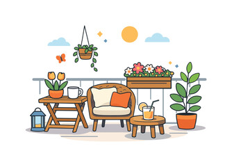 Spring home balcony a cozy small balcony with potted plants, fresh flowers, and soft sunlight creating a feeling of calm, comfort, and