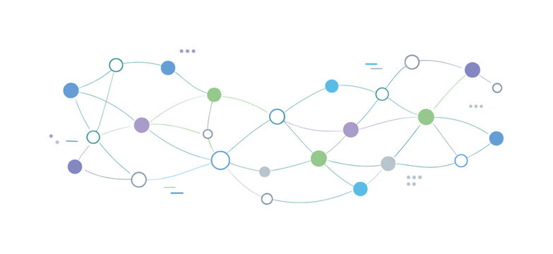 Abstract digital connections. Floating dots and curved lines linking together in a soft network pattern, creating a sense of information