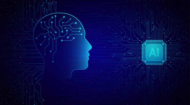 AI Humanoid Face Concept. Technology Digital Robot Head Side View with Circuit Board Components. Tech Blue Background. Artificial Intelligence Agent or Assistant Concept. Vector Digital Illustration