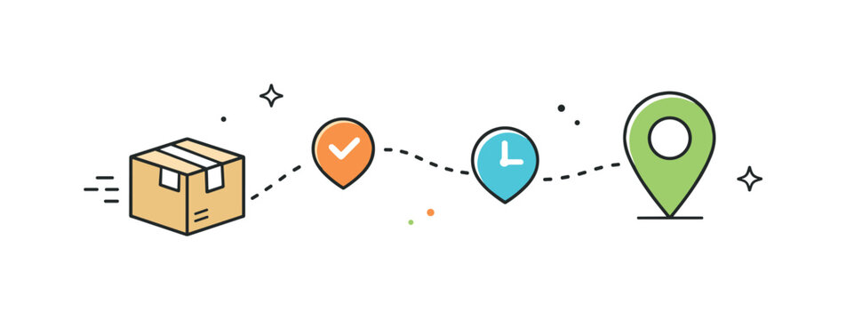 Package tracking. Editorial-style icon showing a parcel connected to a dotted route with checkpoints and a location pin, expressing