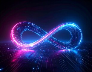 Glowing neon infinity symbol above circuit board lines