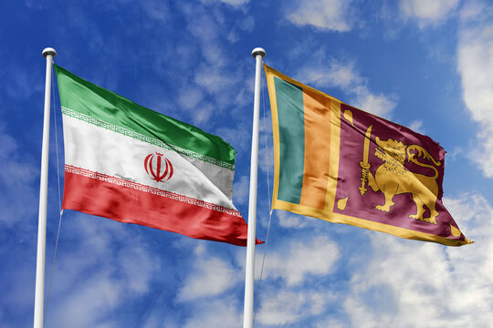 Iran and Sri Lanka National Flags Waving Together Against a Blue Cloudy Sky Symbolizing Diplomatic Relations, Middle Eastern Cooperation, Economic Partnership, Cultural Unity, and Shared History