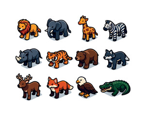 Fototapeta premium Wildlife. Colorful isometric vector icons set of wildlife: lion, elephant, giraffe, zebra, rhinoceros, tiger, bear, wolf, deer, fox, eagle,