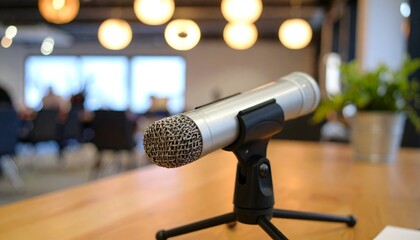Silver microphone on a wooden table, blurry office background with soft lighting