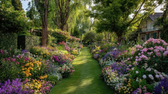 Lush garden path flanked by blooming flowers, framed by old trees. Inspires tranquility, perfect for nature, home, or lifestyle content.