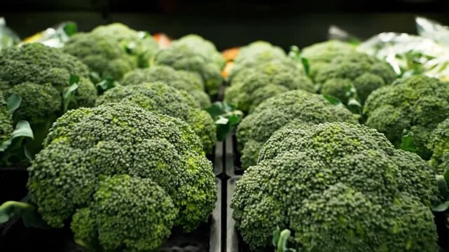 Rows of fresh green broccoli heads displayed in a grocery store.