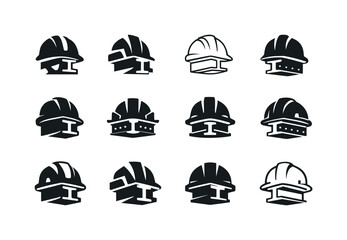 Fototapeta premium Ironworkers setting up steel beams and structures. Icon set. Set Logo of Ironworkers setting up steel beams and structures: safety helmet