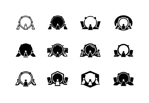 Drum kit. Icon set. Set Logo of Drum kit: bass drum with pedals. harmonious logo variations of the same emblematic concept, each with
