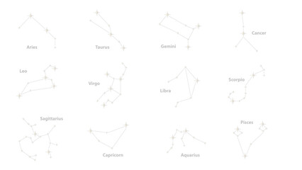 Silver gradient zodiac constellations set with twelve astrological signs on transparent background. Elegant vector illustration of horoscope symbols with stars for astrology and spiritual designs © JaRu Creative Studio