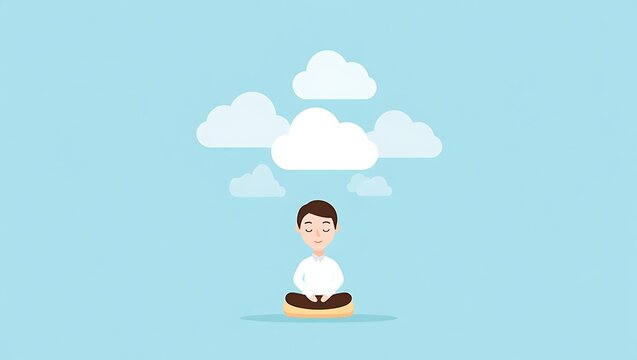 Meditating Figure with Clouds on Blue Background