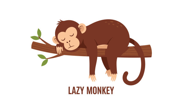 Lazy monkey sleeping soundly on a tree branch with green leaves in a simple and colorful cartoon illustration for kids.