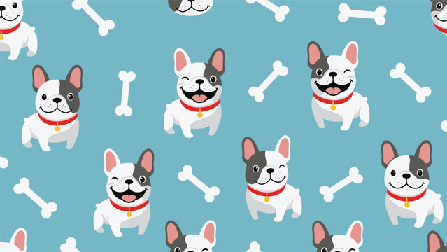 Cute seamless pattern of french bulldog puppies and white bones on a blue background for pet accessories and fabrics.
