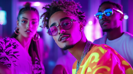 Obraz premium Young People Dancing in Neon Clothing Under Purple UV Light at Nightclub
