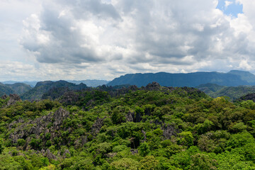 Fototapeta premium Jagged limestone formations rise from dense green forest beneath a sky filled with billowing clouds. The scene captures the rugged terrain and lush vegetation typical of the Laotian countryside during