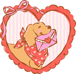 Obraz premium Cute Valentine Dog Wear Bandana in Heart Vintage Frame Whimsical Hand Drawn