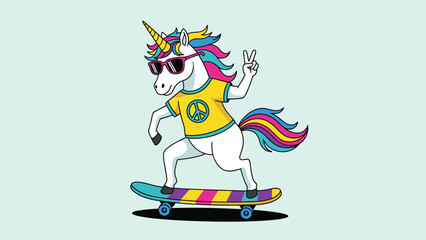Naklejka premium Cool cartoon unicorn wearing sunglasses and a peace sign shirt while riding a colorful skateboard on a light blue background.
