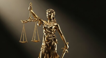 Golden statue of justice holding scales and sword in dark background with dramatic lighting