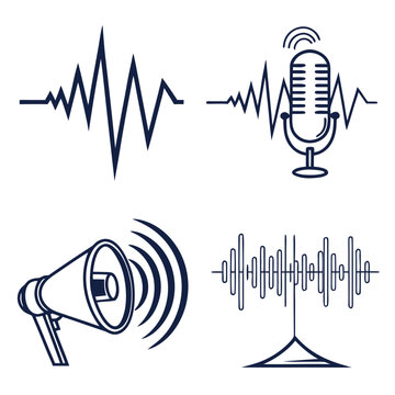 Illustrations of sound waves, a microphone, and a megaphone representing audio technology Vector