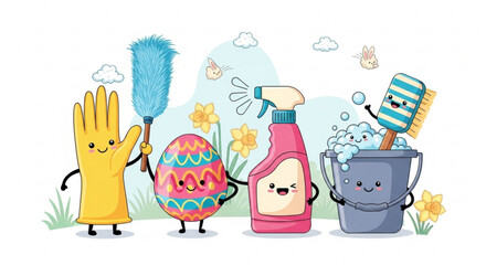 Cartoon cleaning supplies and tools with smiling faces in a garden