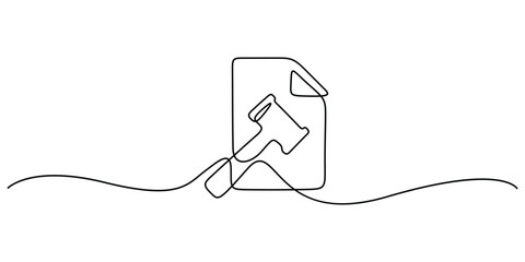 Obraz premium Continuous one line drawing of judge's gavel resting on a document, Concepts of law, justice, and legal proceedings