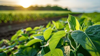 Obraz premium Vibrant Green Soybean Plants Growing in Field Under Warm Sunshine During Sunset