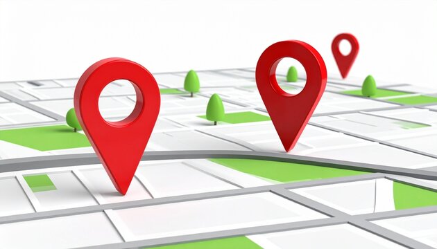   
"Stylized digital map with red location pins marking points of interest on grid of streets and green areas."