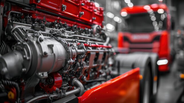 Close-up of a powerful red diesel engine for a truck in a workshop, with a blurred truck in the background