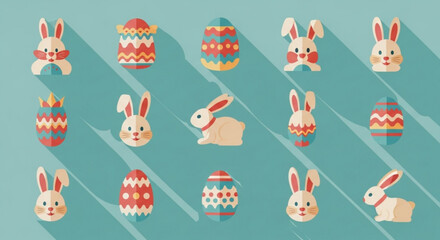 Easter bunnies and decorated eggs on a pastel green background with diagonal shadows festive holiday illustrations