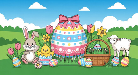 Easter scene with bunny chick lamb colorful eggs and flowers in a green field under blue sky