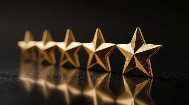 Five golden stars in a row on a dark background, with reflections