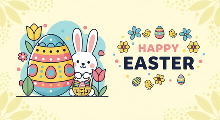 Easter bunny with colorful eggs and flowers on a festive holiday background with text