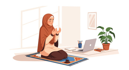 Obraz premium Muslim Woman Praying at Home with Laptop, Peaceful Devotion and Modern Life Balance