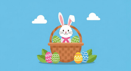 Easter bunny in a basket with colorful eggs and green grass on a sunny day with clouds