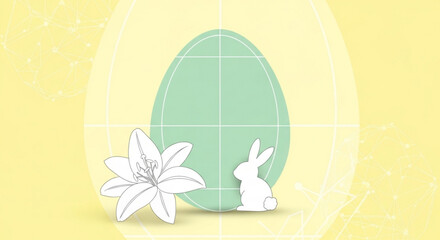 Easter bunny and egg with lily flower on yellow background spring holiday symbol