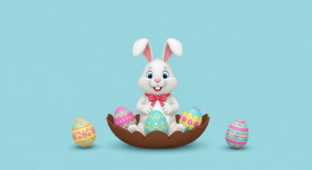 Easter bunny in brown chocolate egg holder with colorful decorated eggs on blue background festive spring holiday cheer