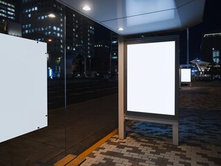 Mock up Blank banner Signboard Light box template Media advertisement Bus stop city street at Night
